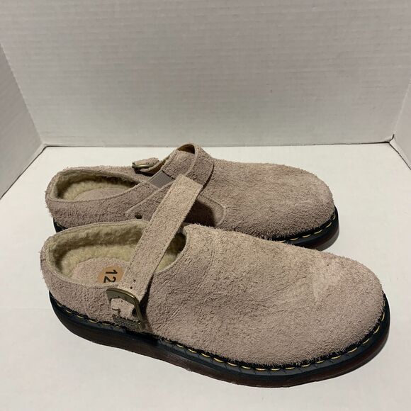 Dr Martens Isham Men\'s Sz 13 Taupe Long Napped Suede Buckle Fur Lined Clog main image 2